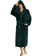Men's Hooded Fleece Robe - Plush Bathrobe with Belt and Pockets - Forest Green