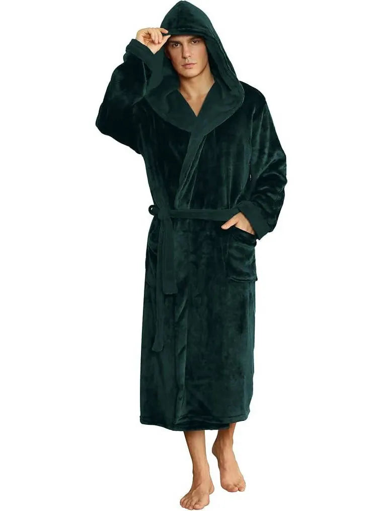 Men's Hooded Fleece Robe - Plush Bathrobe with Belt and Pockets - Forest Green
