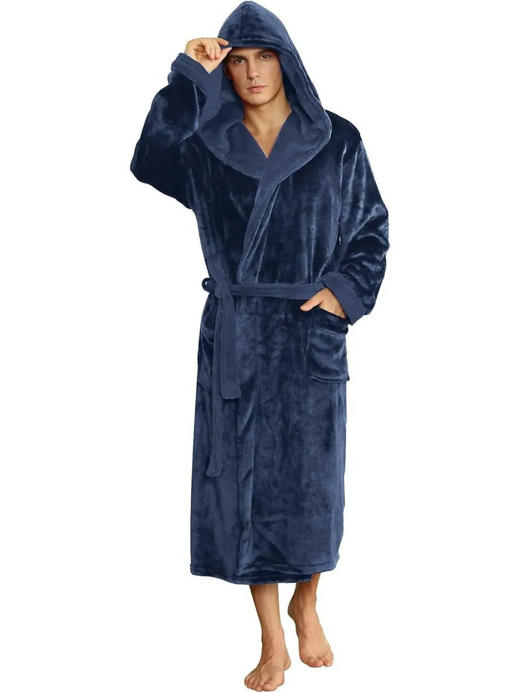 Men's Hooded Fleece Robe - Plush Bathrobe with Belt and Pockets - Navy
