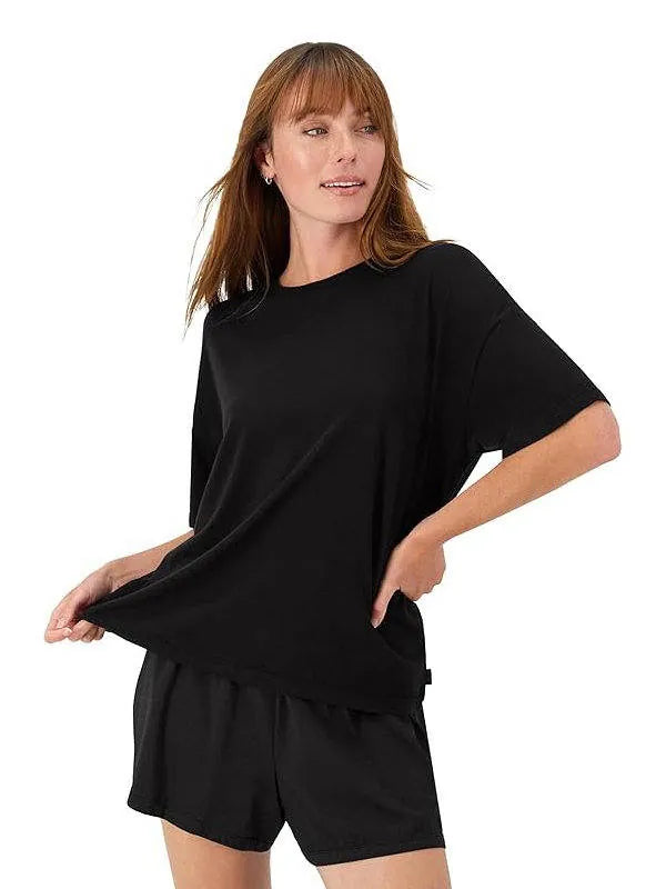 Women's T-Shirt Pajama Set - Boxy Short Sleeve Tee & Sleep Shorts - Black
