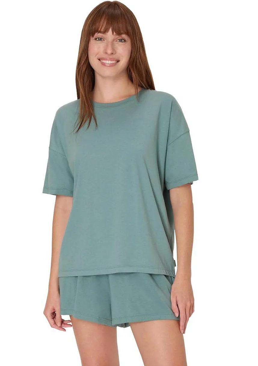 Women's T-Shirt Pajama Set - Boxy Short Sleeve Tee & Sleep Shorts - Sage