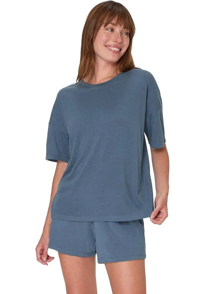 Women's T-Shirt Pajama Set - Boxy Short Sleeve Tee & Sleep Shorts - Slate Blue