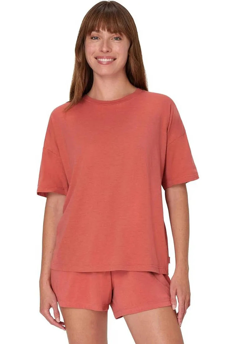 Women's T-Shirt Pajama Set - Boxy Short Sleeve Tee & Sleep Shorts - Terracotta