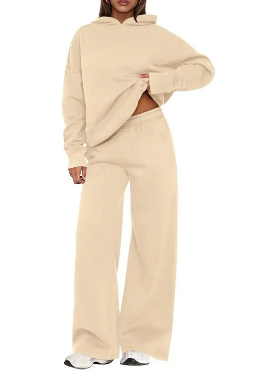 Women's Hoodie Lounge Set - Oversized Hoodie & Wide-Leg Sweatpants - Beige