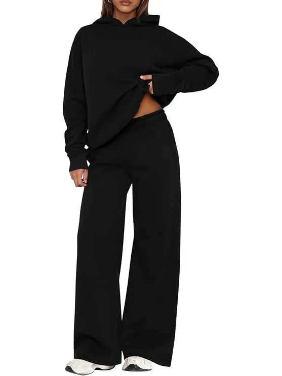 Women's Hoodie Lounge Set - Oversized Hoodie & Wide-Leg Sweatpants - Black