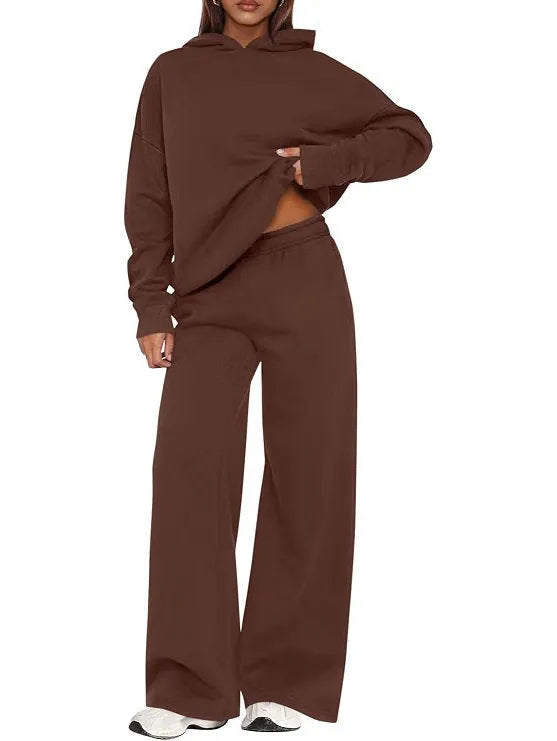 Women's Hoodie Lounge Set - Oversized Hoodie & Wide-Leg Sweatpants - Coffee