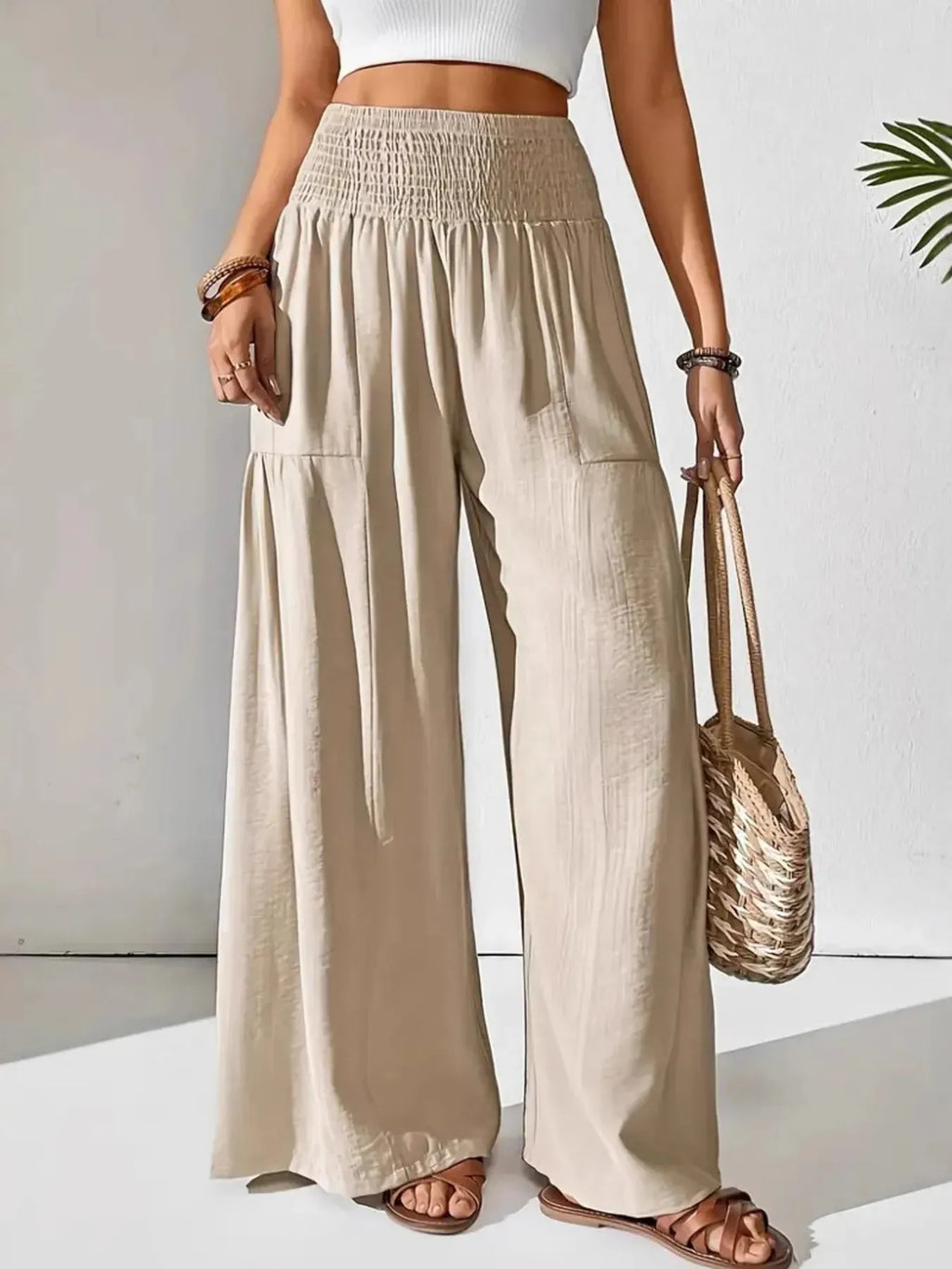 Women's Smocked Wide-Leg Pants - High Waist Lounge Pants with Pockets - Beige