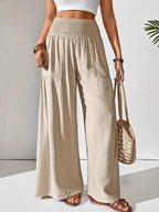 Women's Smocked Wide-Leg Pants - High Waist Lounge Pants with Pockets - Beige