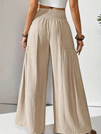 Women's Smocked Wide-Leg Pants - High Waist Lounge Pants with Pockets - Beige