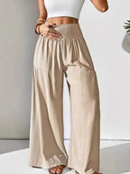 Women's Smocked Wide-Leg Pants - High Waist Lounge Pants with Pockets - Beige