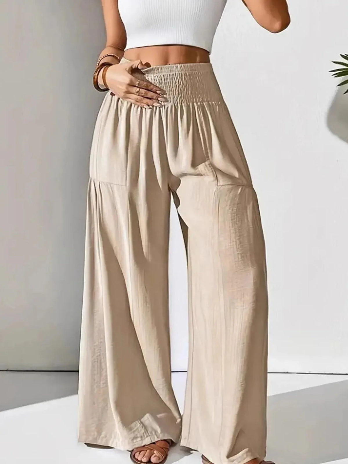 Women's Smocked Wide-Leg Pants - High Waist Lounge Pants with Pockets - Beige