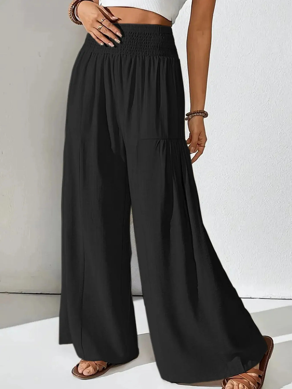 Women's Smocked Wide-Leg Pants - High Waist Lounge Pants with Pockets - Black