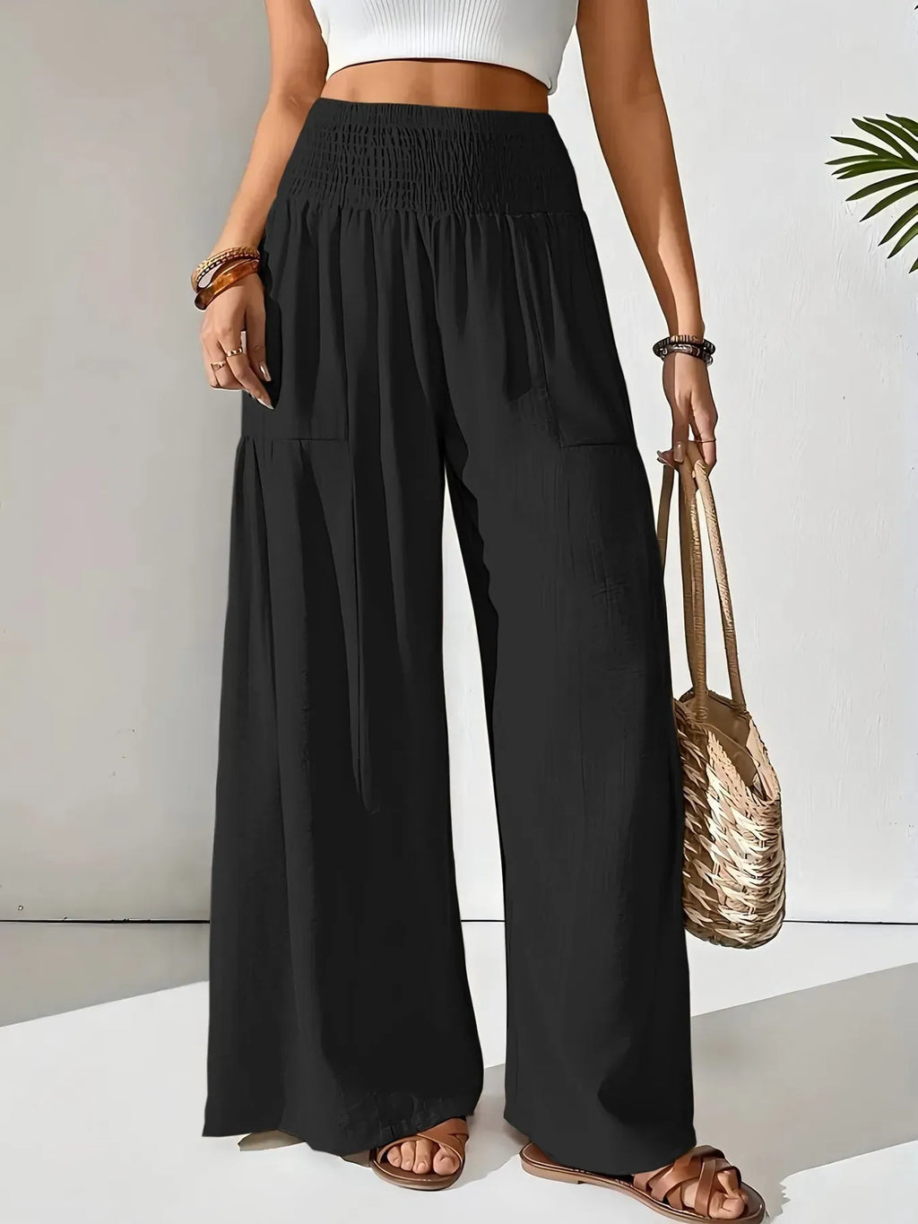 Women's Smocked Wide-Leg Pants - High Waist Lounge Pants with Pockets - Black