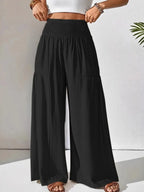 Women's Smocked Wide-Leg Pants - High Waist Lounge Pants with Pockets - Black