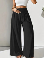 Women's Smocked Wide-Leg Pants - High Waist Lounge Pants with Pockets - Black