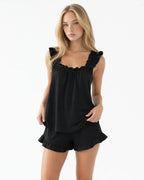 Women's Ruffle Pajama Set - Square Neck Tank Top & Sleep Shorts - Black