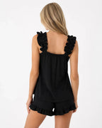 Women's Ruffle Pajama Set - Square Neck Tank Top & Sleep Shorts - Black