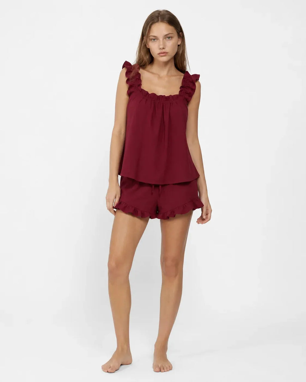Women's Ruffle Pajama Set - Square Neck Tank Top & Sleep Shorts - Burgundy