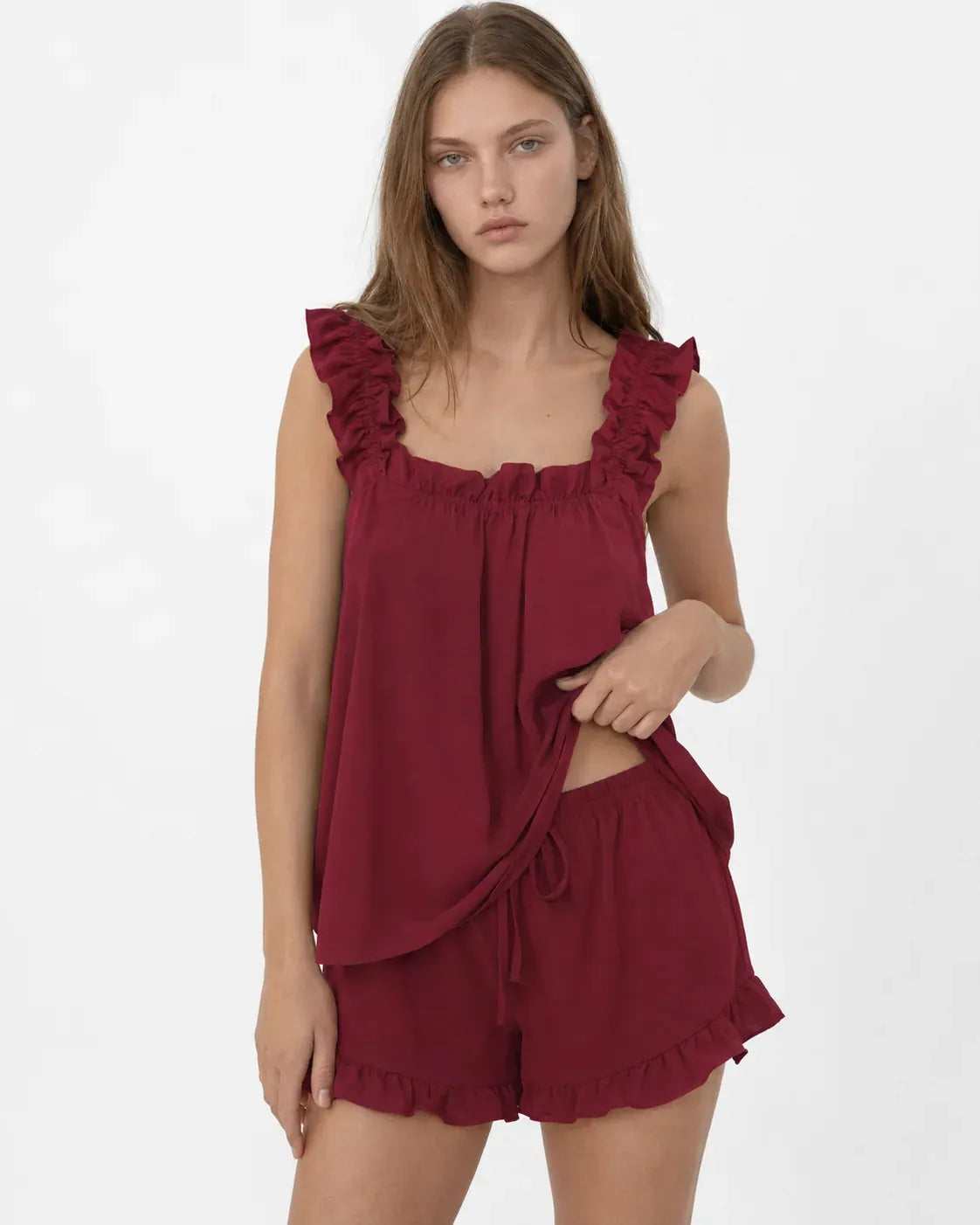 Women's Ruffle Pajama Set - Square Neck Tank Top & Sleep Shorts - Burgundy