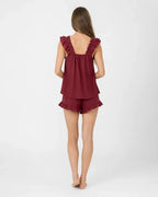 Women's Ruffle Pajama Set - Square Neck Tank Top & Sleep Shorts - Burgundy
