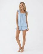 Women's Ruffle Pajama Set - Square Neck Tank Top & Sleep Shorts - Light Blue