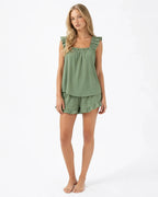 Women's Ruffle Pajama Set - Square Neck Tank Top & Sleep Shorts - Sage Green