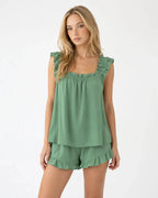 Women's Ruffle Pajama Set - Square Neck Tank Top & Sleep Shorts - Sage Green