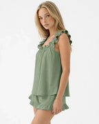 Women's Ruffle Pajama Set - Square Neck Tank Top & Sleep Shorts - Sage Green