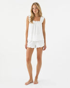 Women's Ruffle Pajama Set - Square Neck Tank Top & Sleep Shorts - White