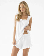Women's Ruffle Pajama Set - Square Neck Tank Top & Sleep Shorts - White