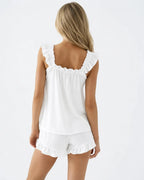 Women's Ruffle Pajama Set - Square Neck Tank Top & Sleep Shorts - White