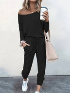 Women's Off-Shoulder Lounge Set - Long Sleeve Knit Top & Jogger Pants - Black