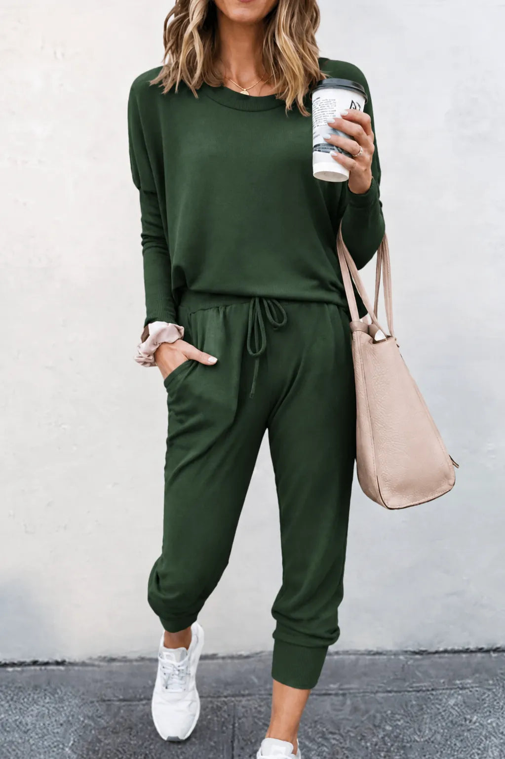 Women's Off-Shoulder Lounge Set - Long Sleeve Knit Top & Jogger Pants - Forest Green