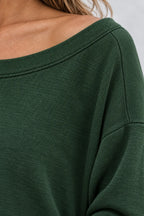 Women's Off-Shoulder Lounge Set - Long Sleeve Knit Top & Jogger Pants - Forest Green
