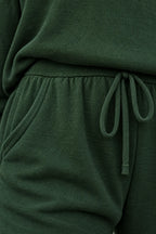 Women's Off-Shoulder Lounge Set - Long Sleeve Knit Top & Jogger Pants - Forest Green