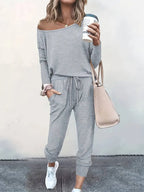 Women's Off-Shoulder Lounge Set - Long Sleeve Knit Top & Jogger Pants - Gray