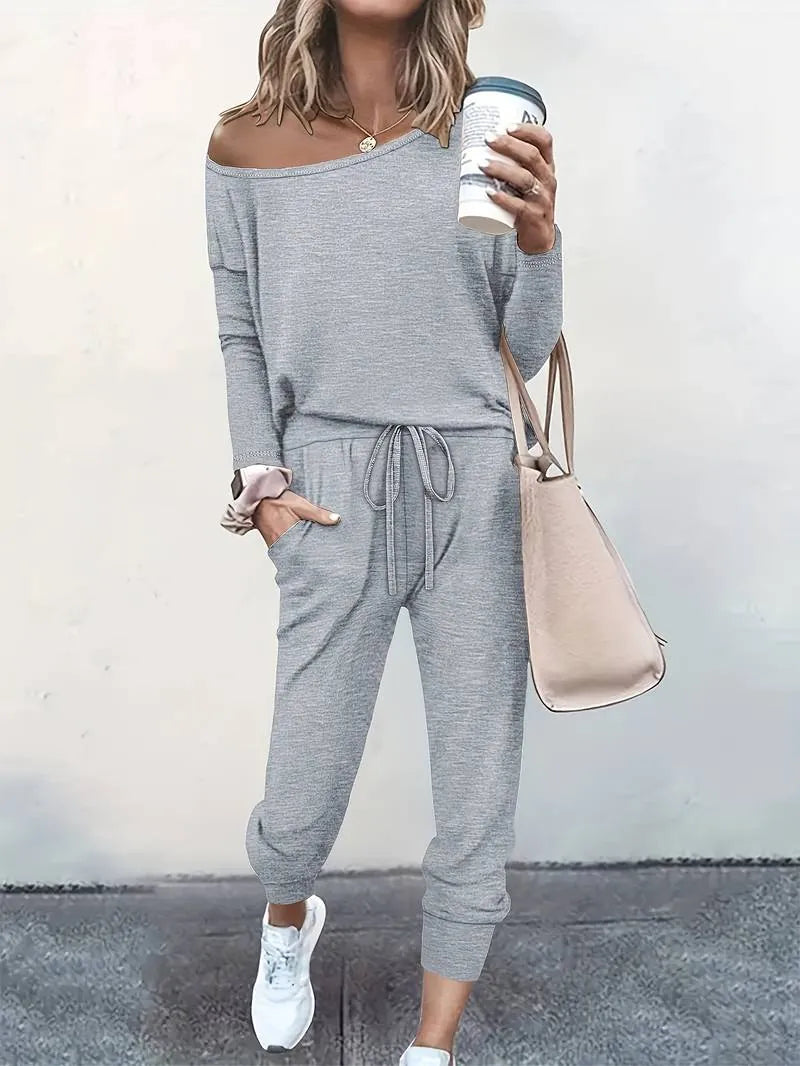 Women's Off-Shoulder Lounge Set - Long Sleeve Knit Top & Jogger Pants - Gray