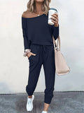 Women's Off-Shoulder Lounge Set - Long Sleeve Knit Top & Jogger Pants - Navy