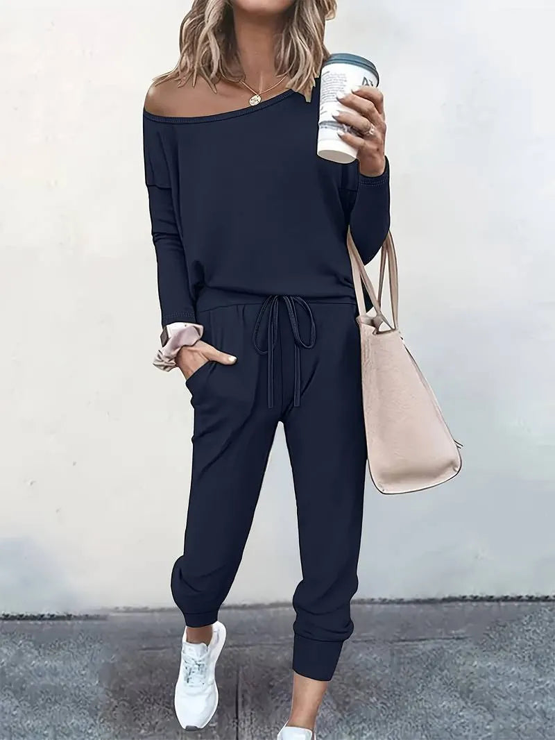 Women's Off-Shoulder Lounge Set - Long Sleeve Knit Top & Jogger Pants - Navy