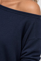 Women's Off-Shoulder Lounge Set - Long Sleeve Knit Top & Jogger Pants - Navy