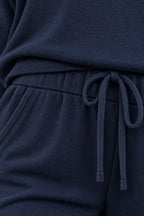 Women's Off-Shoulder Lounge Set - Long Sleeve Knit Top & Jogger Pants - Navy