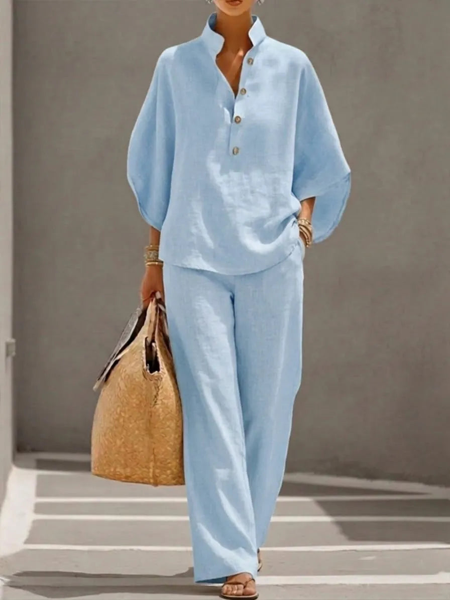 Women's Linen Set - Stand Collar Button Top & Wide-Leg Pants - Light Blue