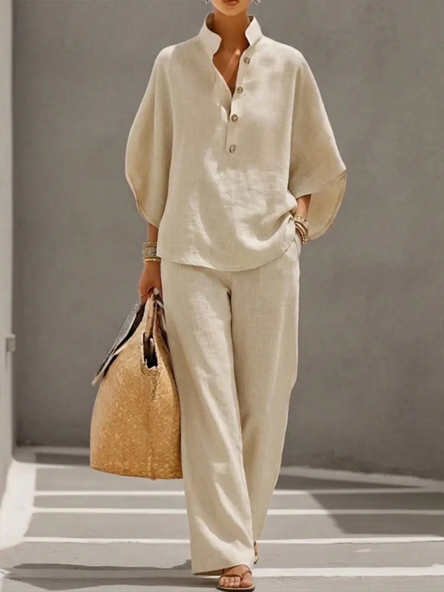 Women's Linen Set - Stand Collar Button Top & Wide-Leg Pants - Sand