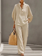 Women's Linen Set - Stand Collar Button Top & Wide-Leg Pants - Sand