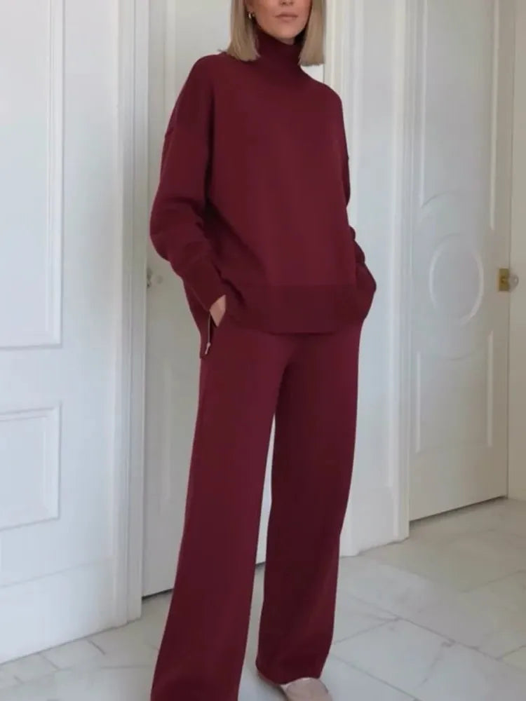 Women's Turtleneck Lounge Set - Long Sleeve Top & Straight-Leg Pants - Burgundy