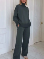 Women's Turtleneck Lounge Set - Long Sleeve Top & Straight-Leg Pants - Charcoal