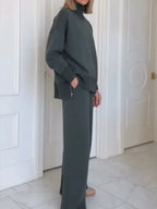 Women's Turtleneck Lounge Set - Long Sleeve Top & Straight-Leg Pants - Charcoal