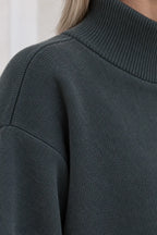 Women's Turtleneck Lounge Set - Long Sleeve Top & Straight-Leg Pants - Charcoal