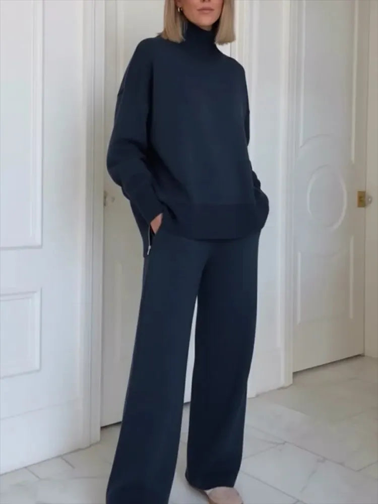 Women's Turtleneck Lounge Set - Long Sleeve Top & Straight-Leg Pants - Navy