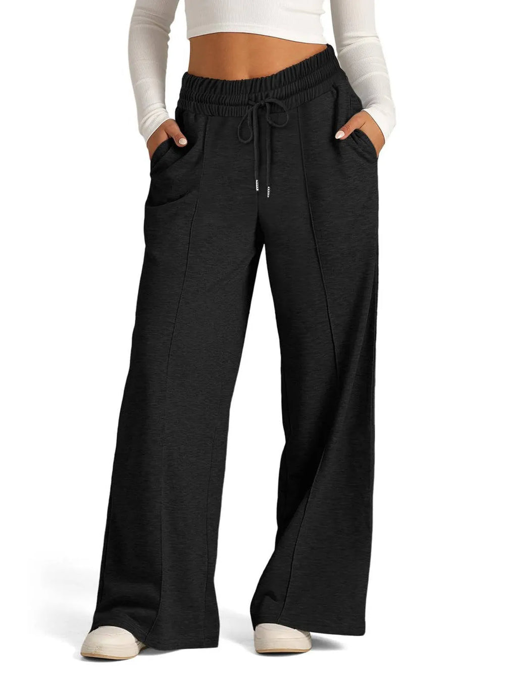 Women's Wide-Leg Sweatpants - High Waist Drawstring Lounge Pants with Pockets - Black